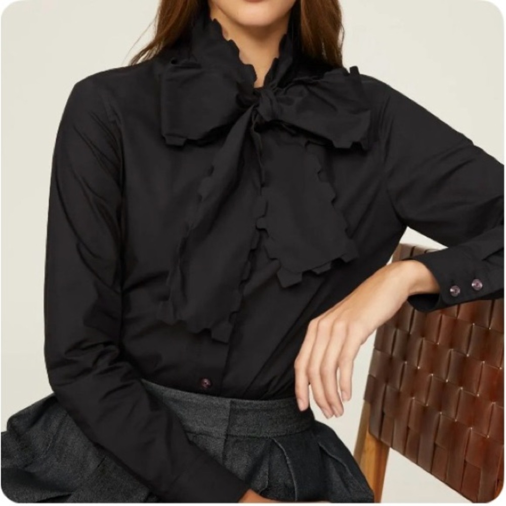 TORY BURCH SCALLOPED POPLIN BOW BLOUSE $498 Faded black color Size 8